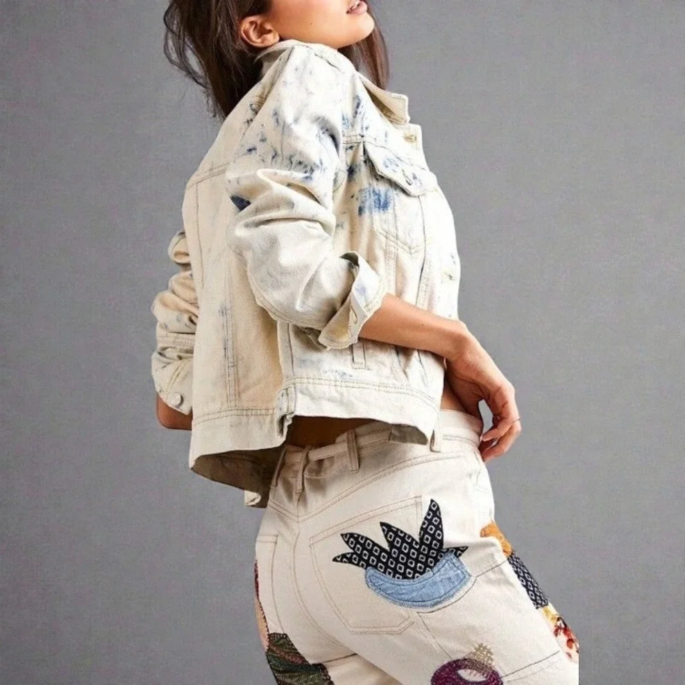 Free People Bleach Wash Denim Jacket Cropped Jean Jacket Sz L - Picture 14 of 15
